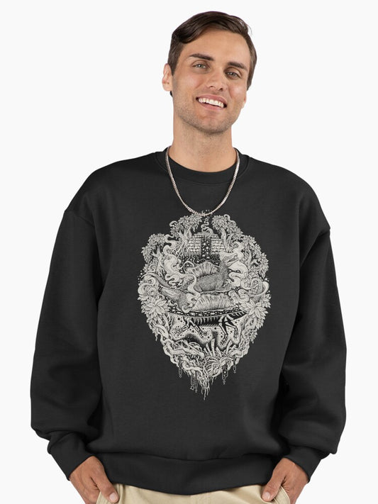 Sunken Temple of the Spinosaurus | Monochrome | Dinosaur Science Fiction Art Premium Oversized Sweatshirt