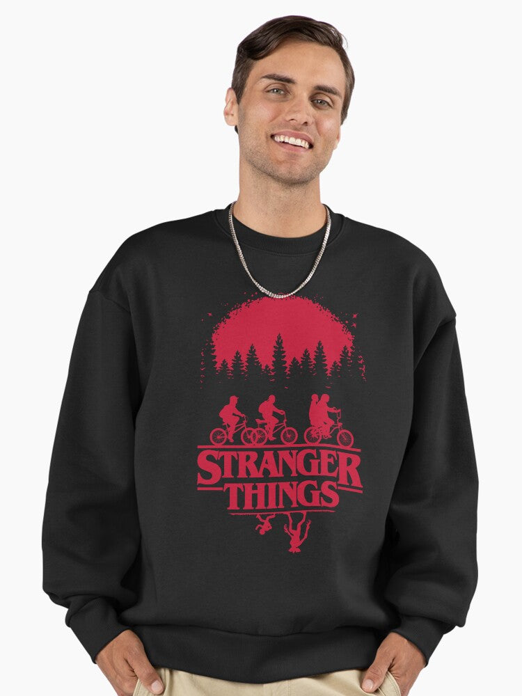 Stranger Things Group Shot Bike Ride Upside Down Silhouette Premium Oversized Sweatshirt
