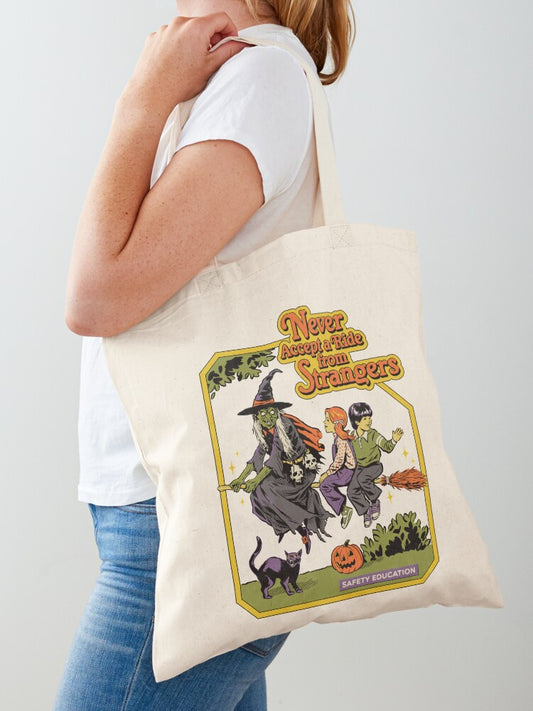 Never Accept A Ride Tote Bag | Cute Halloween Tote Bag | Reusable Eco Shopping Bag