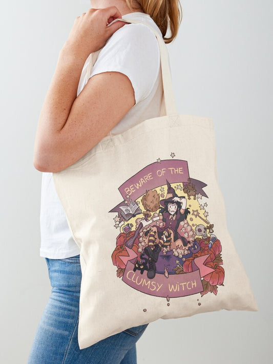Beware Of The Clumsy Witch Tote Bag | Cute Halloween Tote Bag | Reusable Eco Shopping Bag