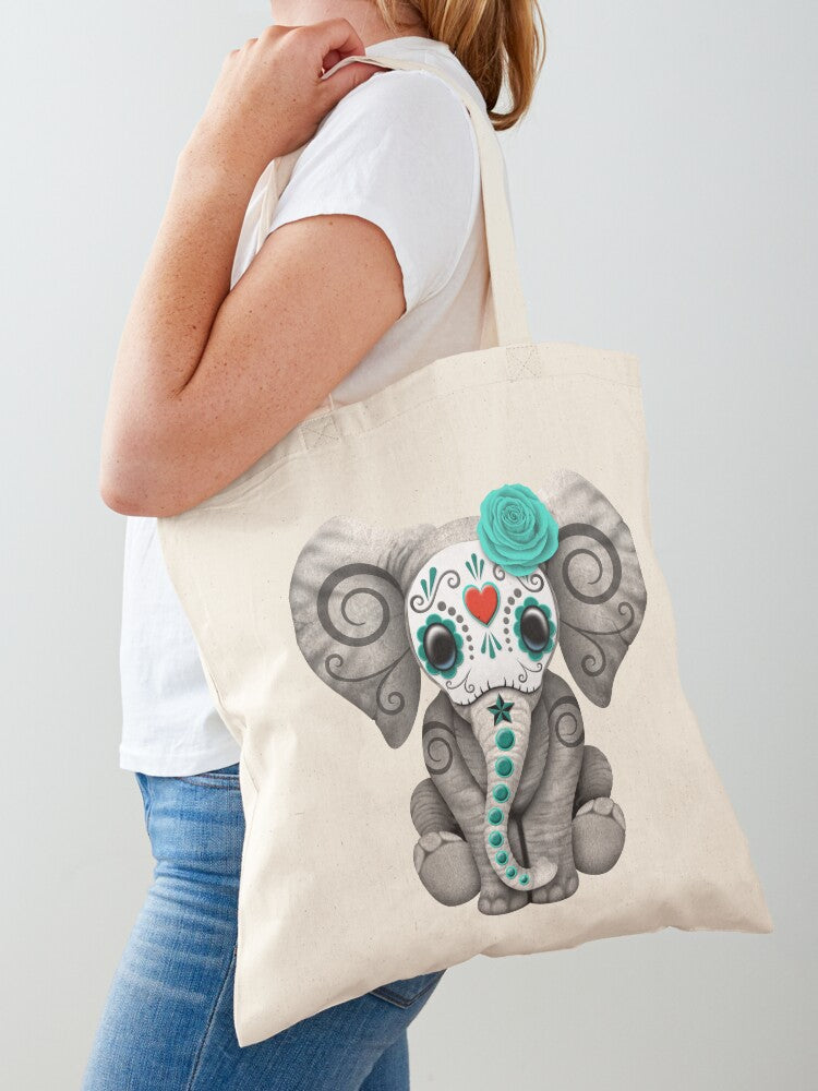 Teal Blue Day Of The Dead Sugar Skull Baby Elephant Tote Bag | Cute Halloween Tote Bag | Reusable Eco Shopping Bag