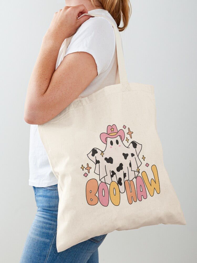 Cowboy Ghost Boo Haw Tote Bag | Cute Halloween Tote Bag | Reusable Eco Shopping Bag
