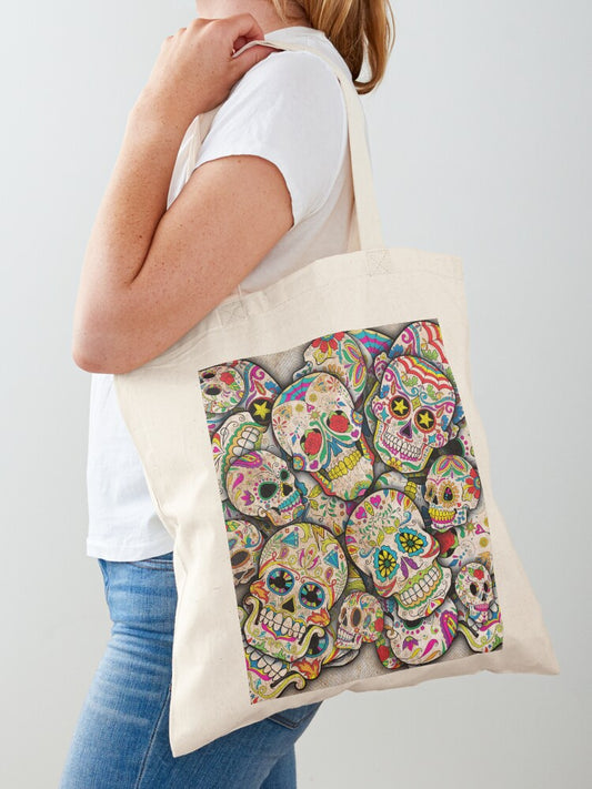 Sugar Skull Collage Tote Bag | Cute Halloween Tote Bag | Reusable Eco Shopping Bag