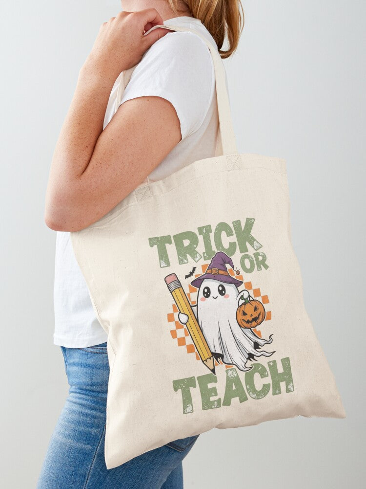 Trick Or Teach Cute Teacher Ghost Halloween Design Tote Bag | Spooky Halloween Tote Bag | Trendy Reusable Bag