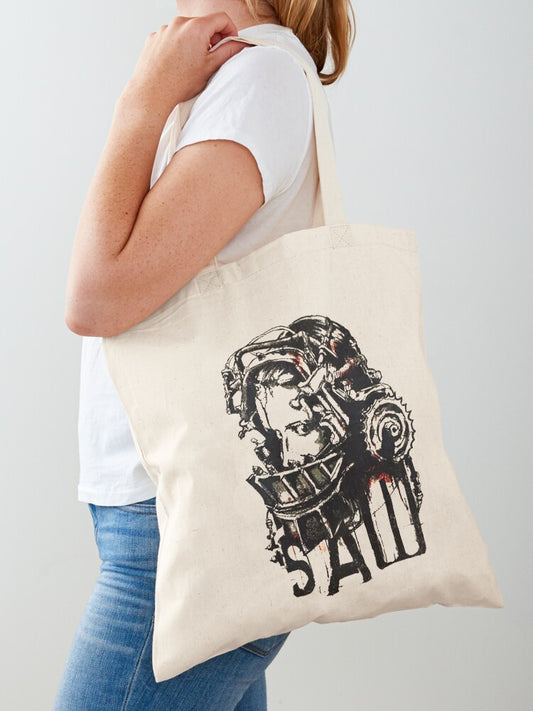 Vintage Reverse Bear Trap Saw Movie Tote Bag | Cute Halloween Tote Bag | Reusable Eco Shopping Bag