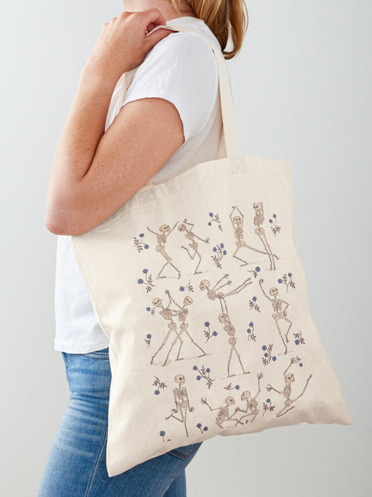 Skeleton Dance Blue Tote Bag | Cute Halloween Tote Bag | Reusable Eco Shopping Bag