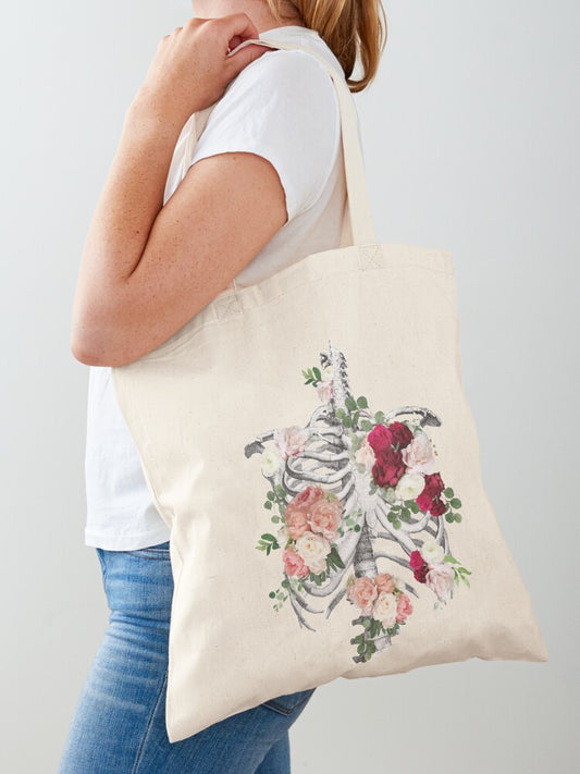 Anatomy Ribcage Rib Cageroses Bloom Spring Tote Bag | Cute Halloween Tote Bag | Reusable Eco Shopping Bag