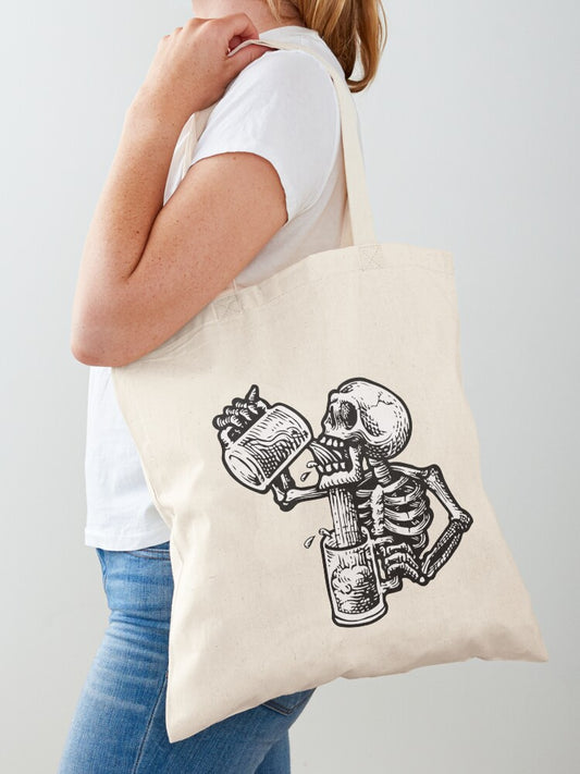 Drunk Skull Tote Bag | Cute Halloween Tote Bag | Reusable Eco Shopping Bag