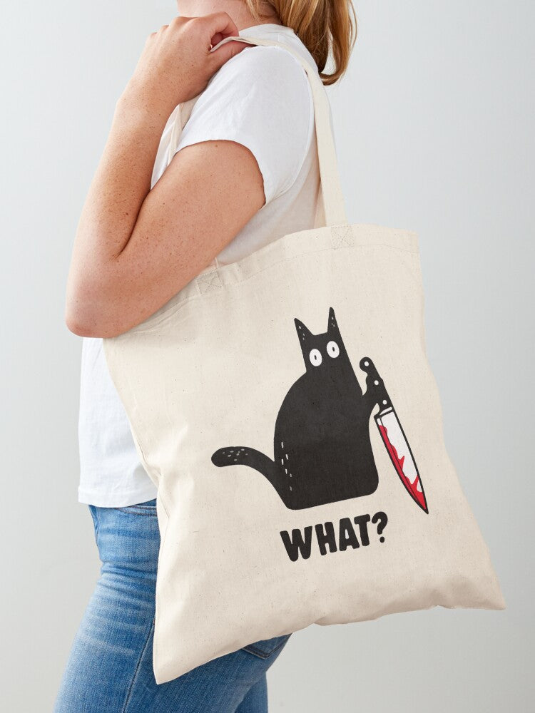 Cat What Funny Black Cat Murderous Cat With Knife Tote Bag | Cute Halloween Tote Bag | Reusable Eco Shopping Bag