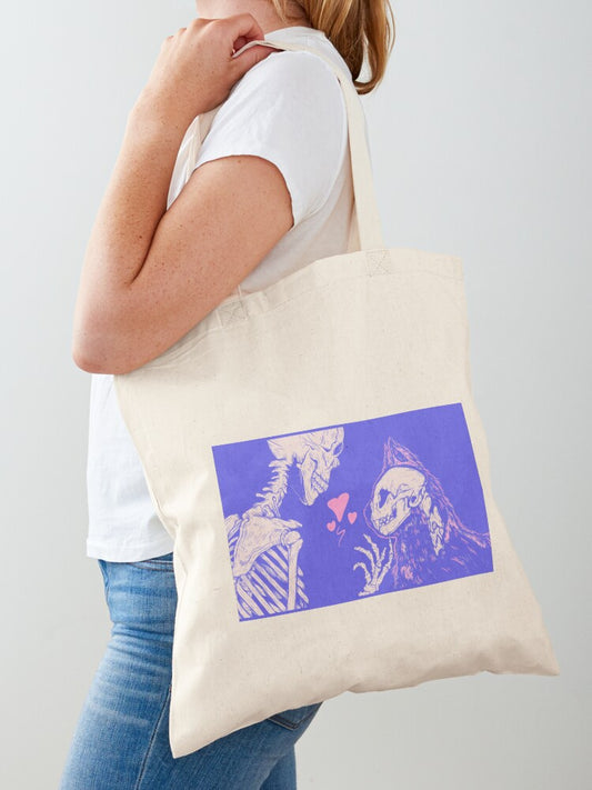 Cute Pink And Purple Skeleton With Cat - Playful Kitty Companion Tote Bag | Cute Halloween Tote Bag | Reusable Eco Shopping Bag
