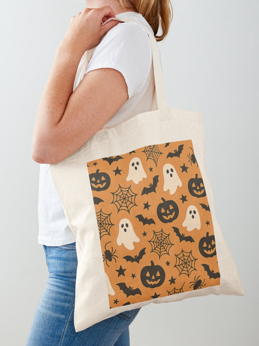 Halloween Pattern With Skulls Ghosts And Pumpkins Tote Bag | Spooky Halloween Tote Bag | Trendy Reusable Bag
