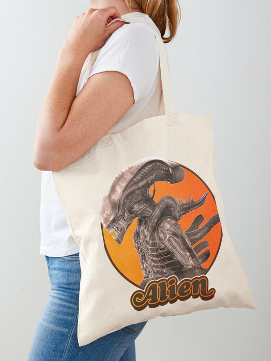 Retro Alien Xenomorph Tribute Tote Bag | Cute Halloween Tote Bag | Reusable Eco Shopping Bag