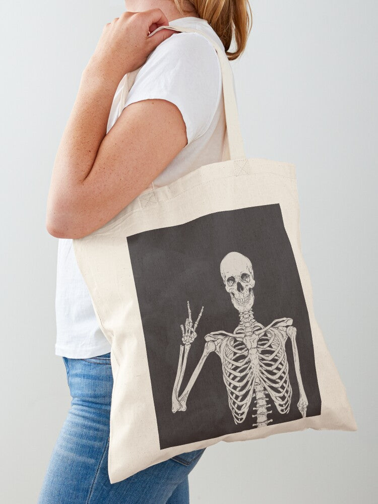 Skeleton Giving The Peace Sign Dark Gothic Halloween Art Mystical Magical Art Illustration Skull Bones Tote Bag | Spooky Halloween Tote Bag | Trendy Reusable Bag