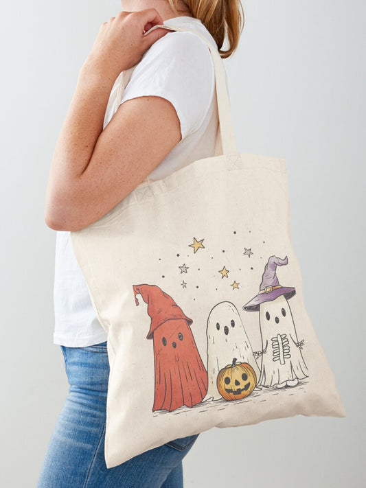 Cute Halloween Ghost Trio Spooky Friends With Pumpkin And Stars Illustration Tote Bag | Spooky Halloween Tote Bag | Trendy Reusable Bag