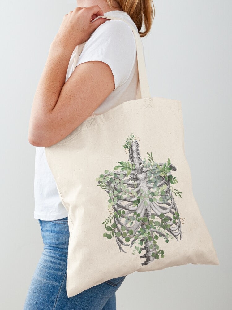 Ribcage Rib Cage Anatomy Skeleton Eucaliptus Leaves Tote Bag | Cute Halloween Tote Bag | Reusable Eco Shopping Bag