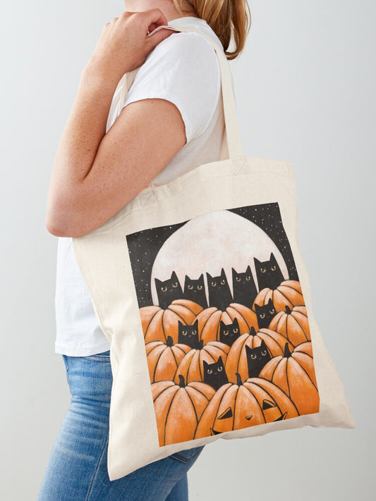 Black Cats In The Pumpkin Patch Tote Bag | Cute Halloween Tote Bag | Reusable Eco Shopping Bag