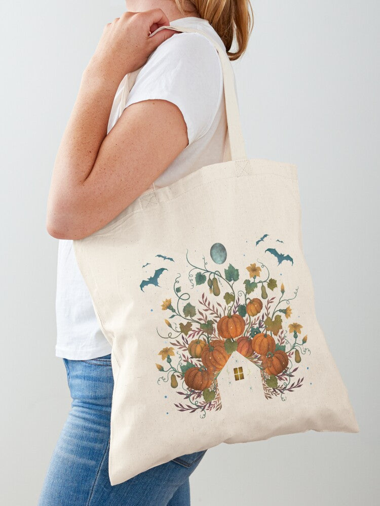 Pumpkin Rooftop Tote Bag | Cute Halloween Tote Bag | Reusable Eco Shopping Bag