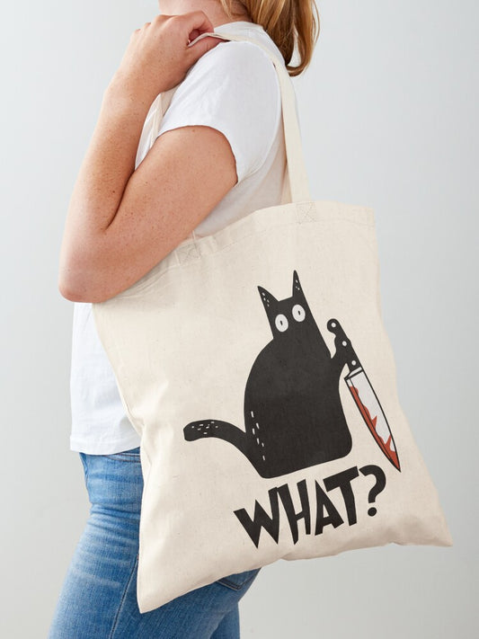 Cat What Murderous Black Cat With Knife Gift Premium T-shirt Tote Bag | Cute Halloween Tote Bag | Reusable Eco Shopping Bag