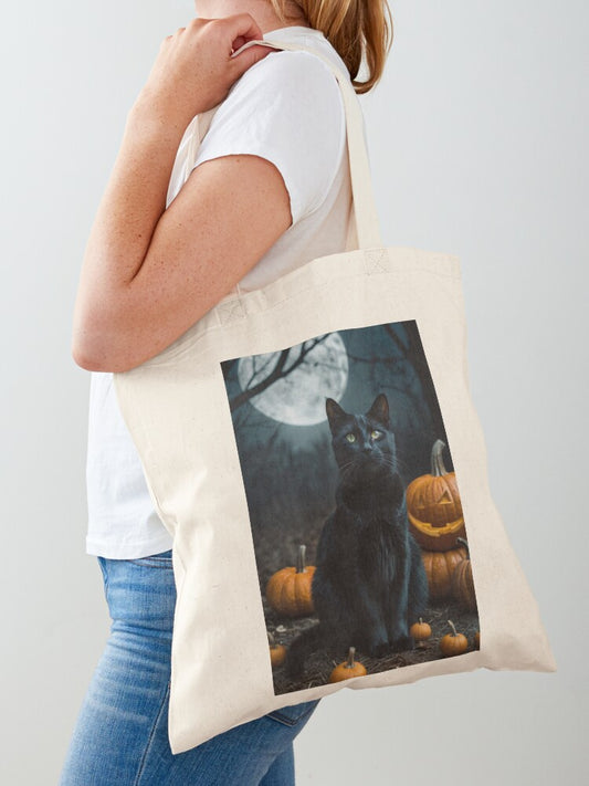 Thackery Binx With Pumpkins In The Moonlight Tote Bag | Cute Halloween Tote Bag | Reusable Eco Shopping Bag