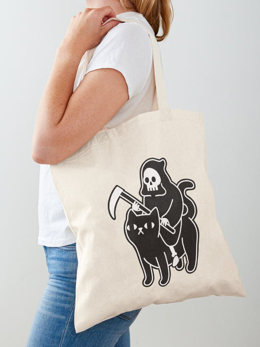 Death Rides A Black Cat Tote Bag | Cute Halloween Tote Bag | Reusable Eco Shopping Bag