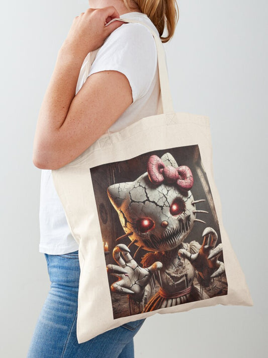Hello Creepy Kitty Tote Bag | Cute Halloween Tote Bag | Reusable Eco Shopping Bag