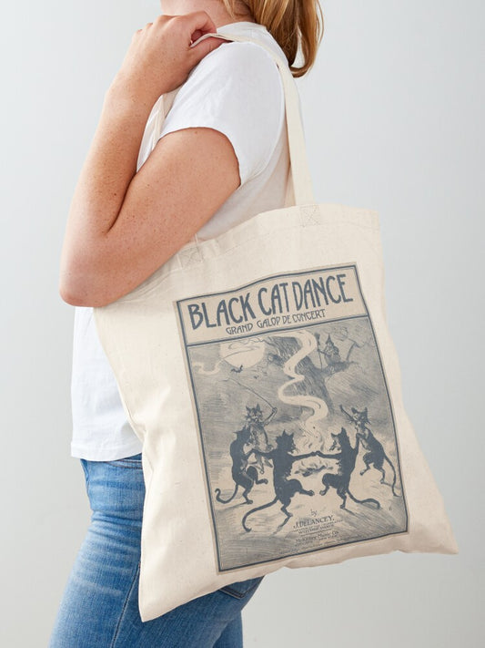 Black Cat Dance Vintage Halloween Illustration Tote Bag | Spooky Halloween Tote Bag | Trendy Reusable Bag