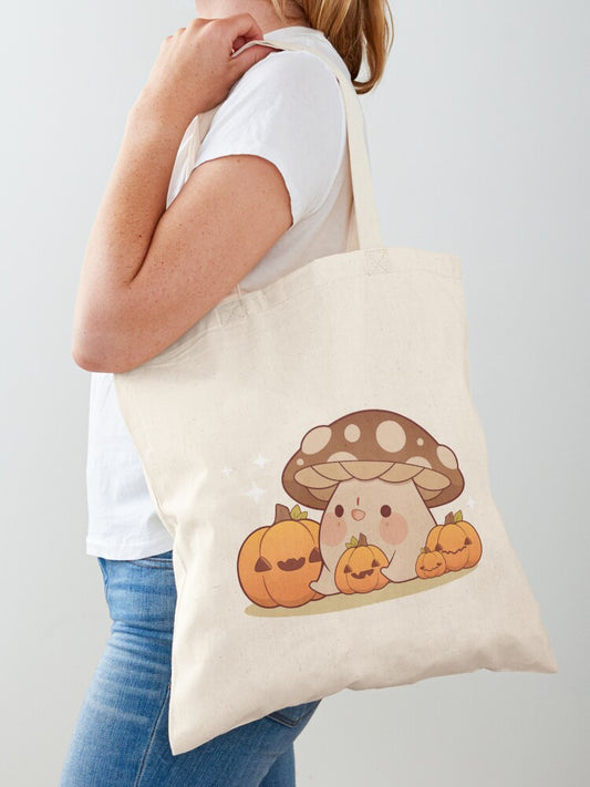 Happy Mushroom With Pumpkins Tote Bag | Cute Halloween Tote Bag | Reusable Eco Shopping Bag