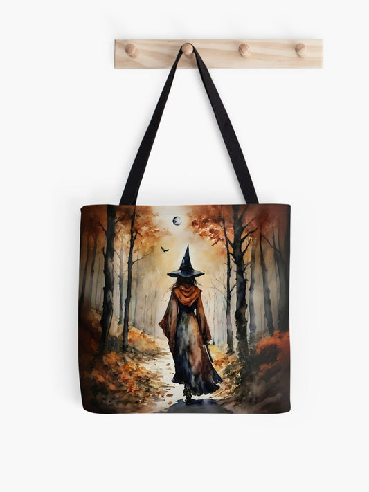 Autumn Witch On A Full Moon Tote Bag | Cute Halloween Tote Bag | Reusable Eco Shopping Bag