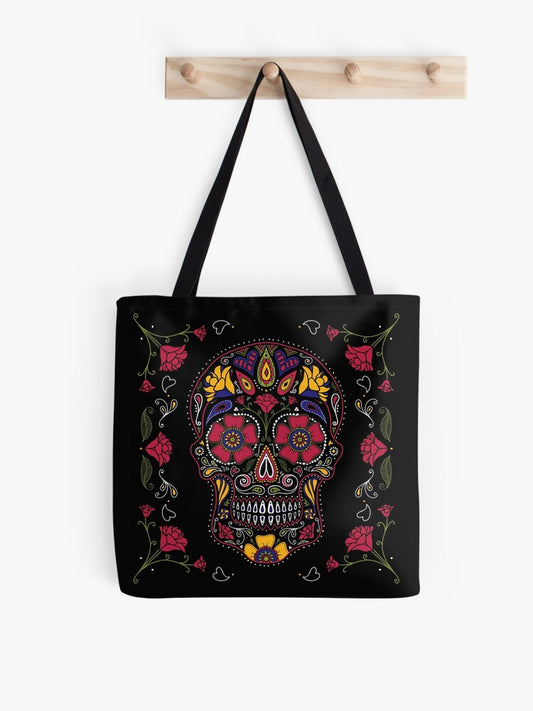 Day Of The Dead Sugar Skull Dark Tote Bag | Cute Halloween Tote Bag | Reusable Eco Shopping Bag