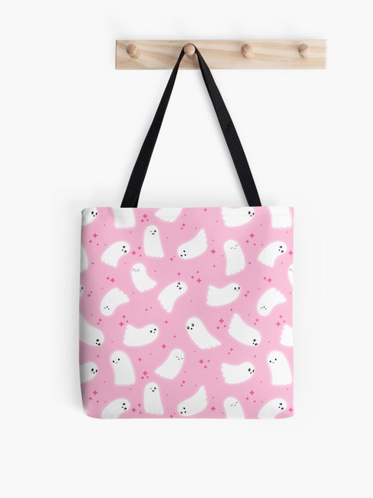 Ghost Pattern Pink Sparkles Pink Background Tote Bag | Cute Halloween Tote Bag | Reusable Eco Shopping Bag