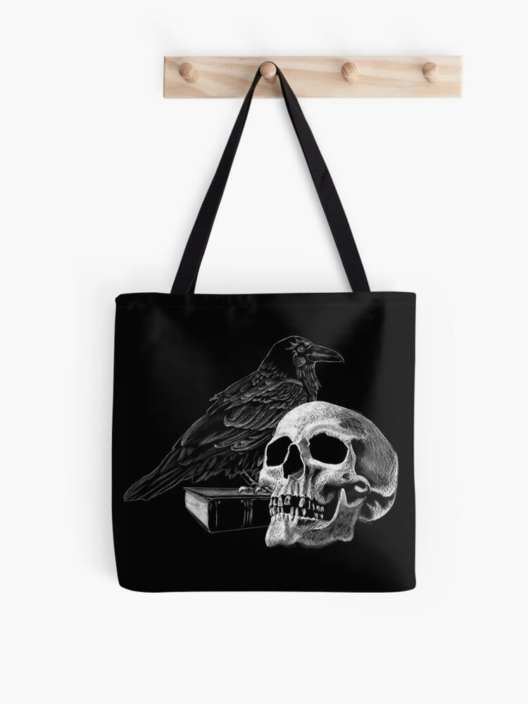 Quoth The Raven With Skull Tote Bag | Cute Halloween Tote Bag | Reusable Eco Shopping Bag