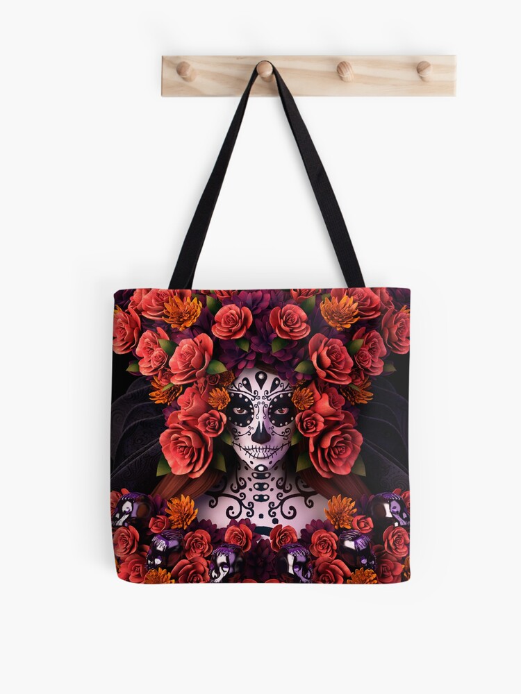 Catrina Flowers Tote Bag | Cute Halloween Tote Bag | Reusable Eco Shopping Bag