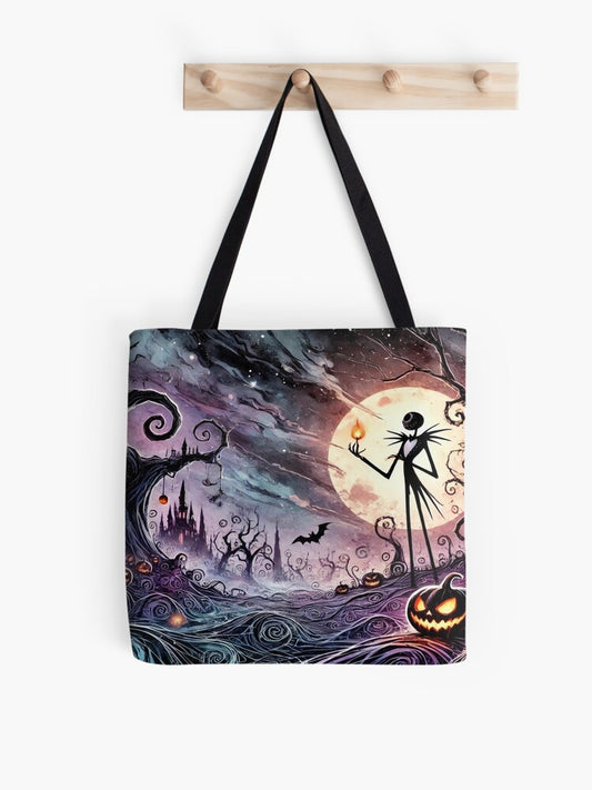 Spooky Moonlit Scene With Jack Skellington Tote Bag | Cute Halloween Tote Bag | Reusable Eco Shopping Bag