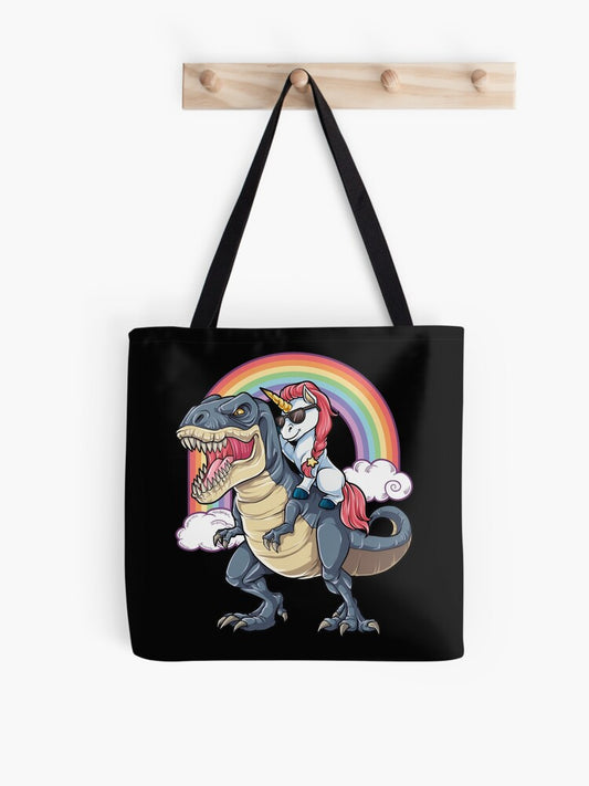 Unicorn Riding Dinosaur T Shirt T-rex Funny Unicorns Party Rainbow Squad Gifts For Kids Boys Girls Tote Bag | Cute Halloween Tote Bag | Reusable Eco Shopping Bag