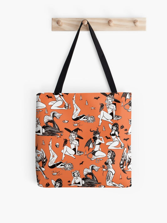 Monster Girl Pinup Pattern Tote Bag | Cute Halloween Tote Bag | Reusable Eco Shopping Bag