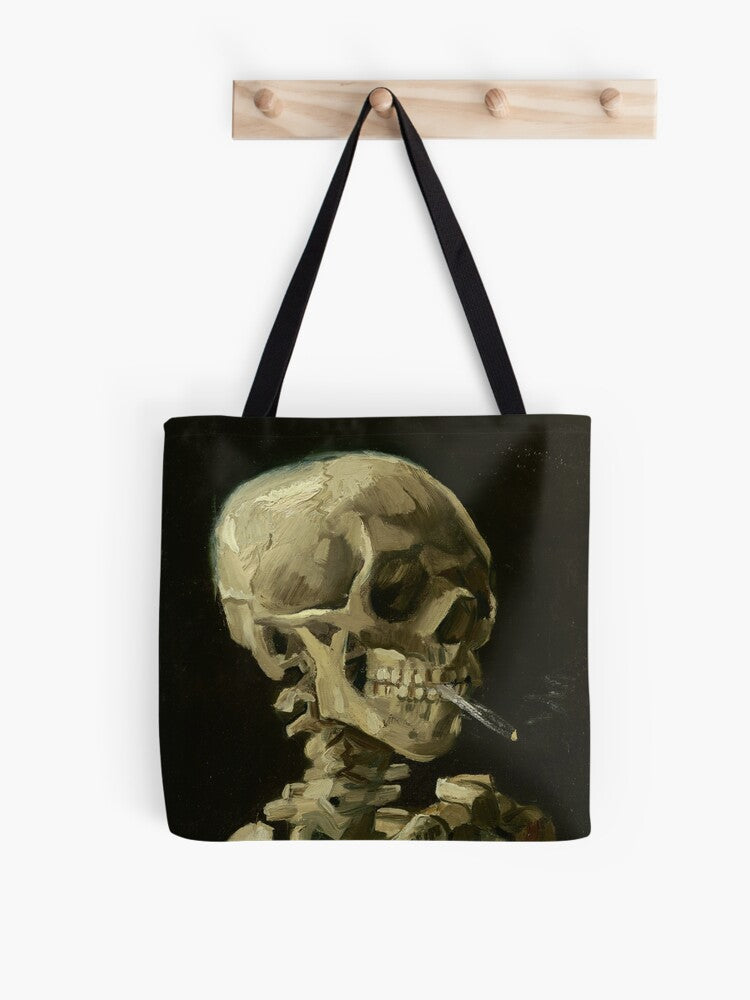 Skull Of A Skeleton With Burning Cigarette By Vincent Van Gogh Tote Bag | Cute Halloween Tote Bag | Reusable Eco Shopping Bag