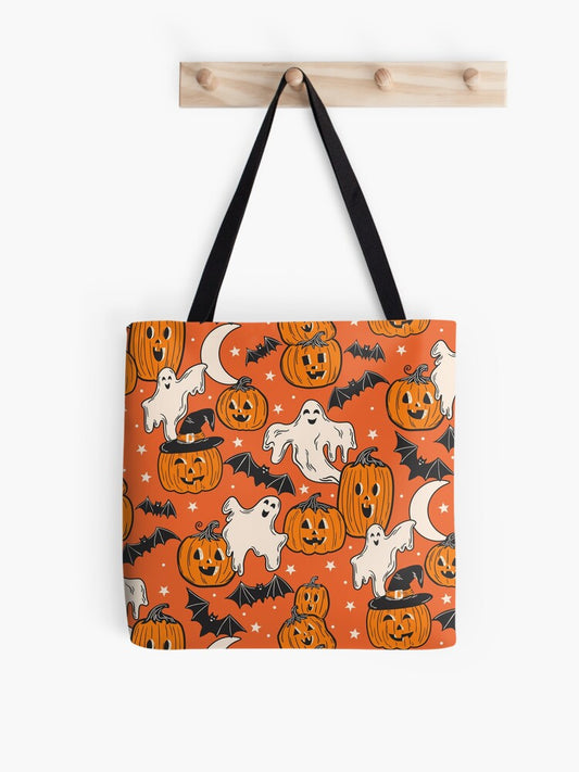 Nostalgic 90s Halloween - Ghosts Pumpkins - Orange Tote Bag | Spooky Halloween Tote Bag | Trendy Reusable Bag