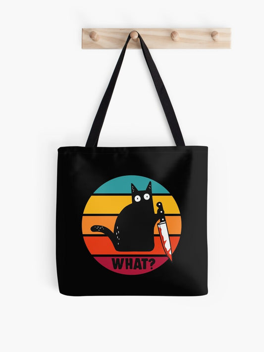 Cat What Funny Murderous Black Cat With Knife Tote Bag | Cute Halloween Tote Bag | Reusable Eco Shopping Bag