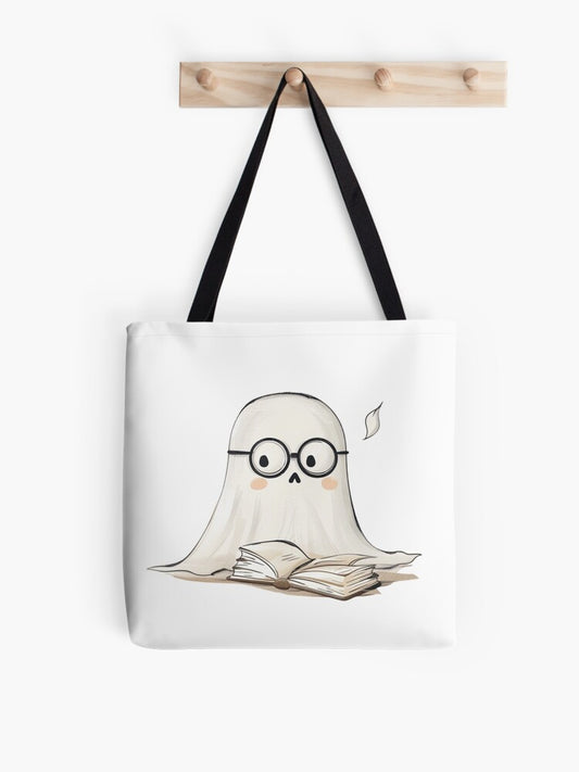 Cute Bookish Halloween Ghost Adorable Spooky Spirit With Glasses And Book Illustration Tote Bag | Spooky Halloween Tote Bag | Trendy Reusable Bag
