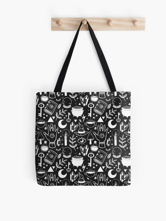 Witchy Things Black White Tote Bag | Cute Halloween Tote Bag | Reusable Eco Shopping Bag