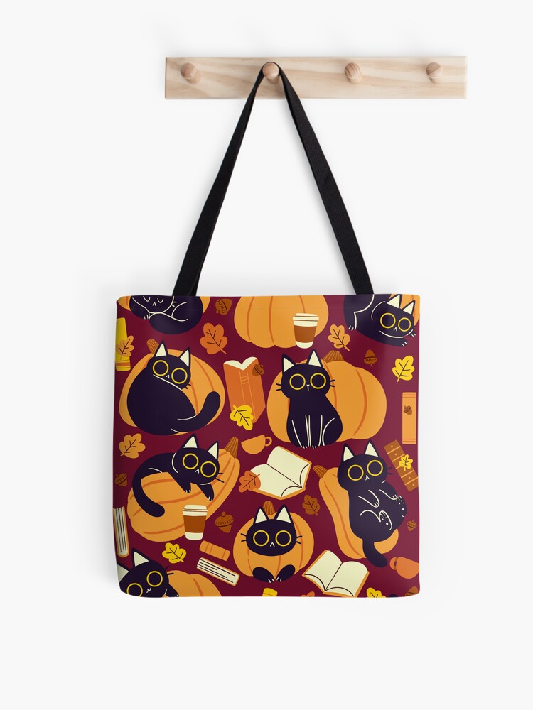 Cats Pumpkins And Books Tote Bag | Cute Halloween Tote Bag | Reusable Eco Shopping Bag