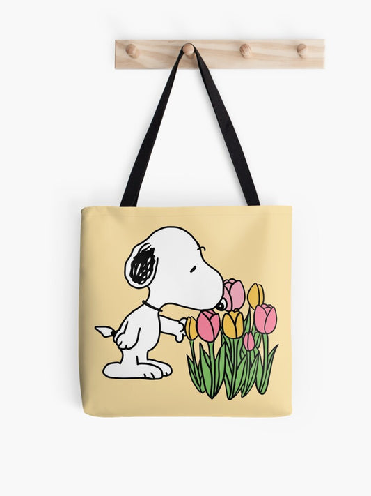 Snoopy & Tulips A Gentle Pause In Bloom Tote Bag | Cute Halloween Tote Bag | Reusable Eco Shopping Bag