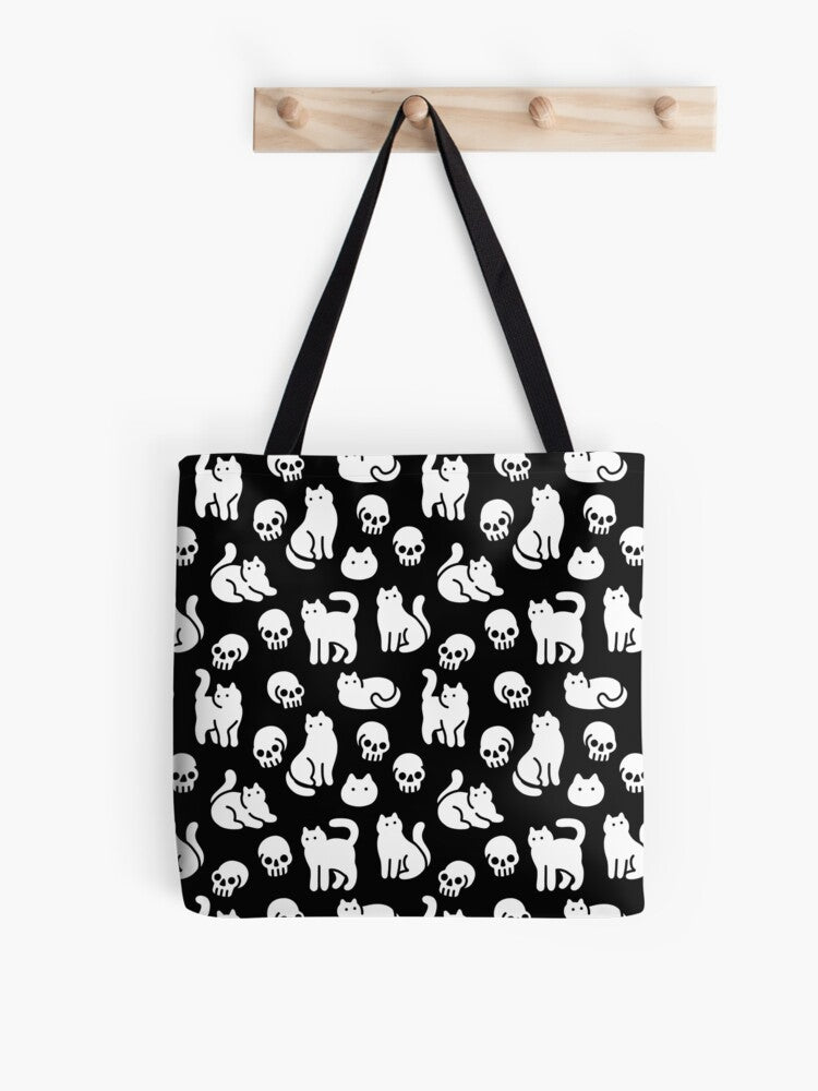 Cats And Skulls Pattern Tote Bag | Cute Halloween Tote Bag | Reusable Eco Shopping Bag