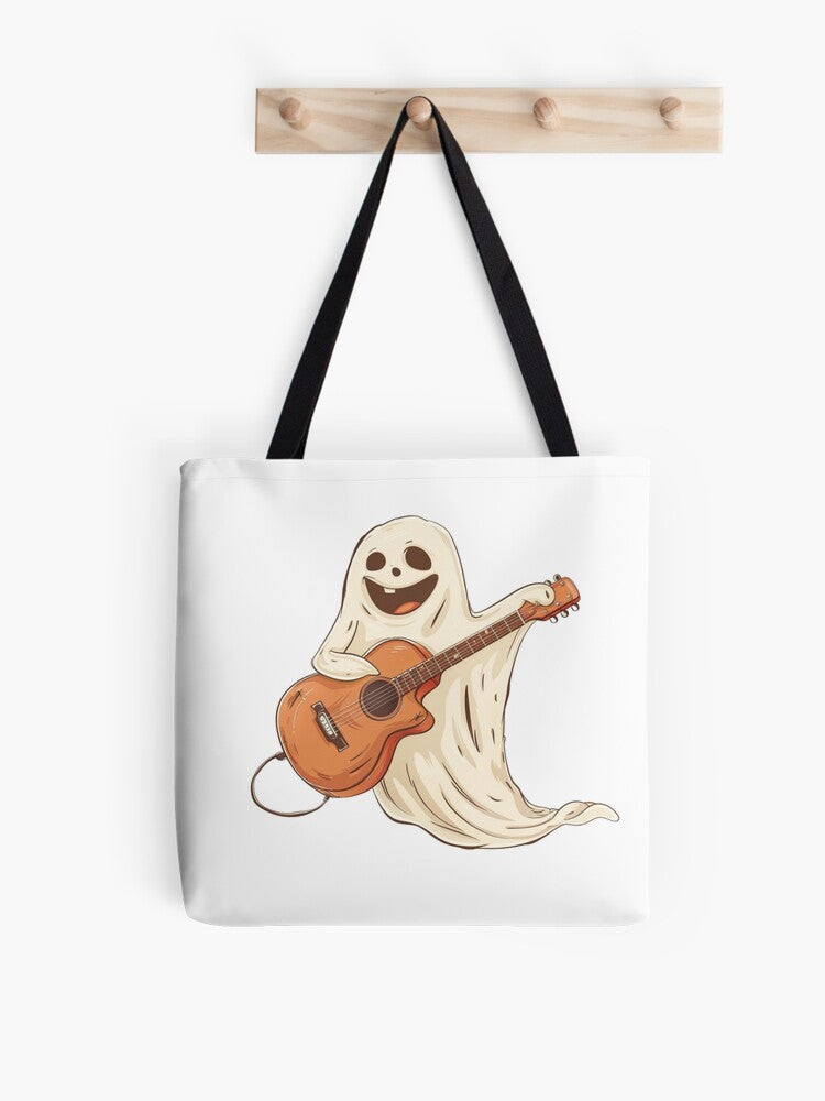 Happy Halloween Ghost Funny Cartoon Spirit Playing Acoustic Guitar Illustration Tote Bag | Spooky Halloween Tote Bag | Trendy Reusable Bag