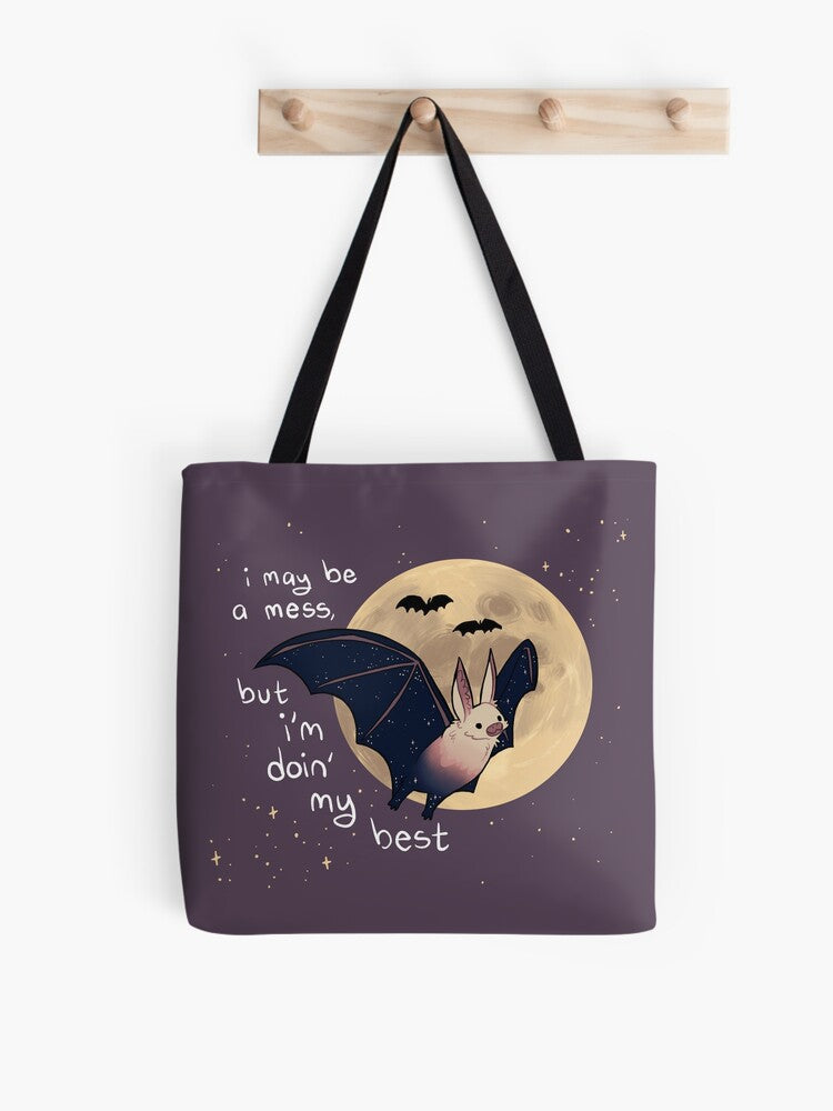 I May Be A Mess But I'm Doin' My Best Sparkle Bat Tote Bag | Cute Halloween Tote Bag | Reusable Eco Shopping Bag