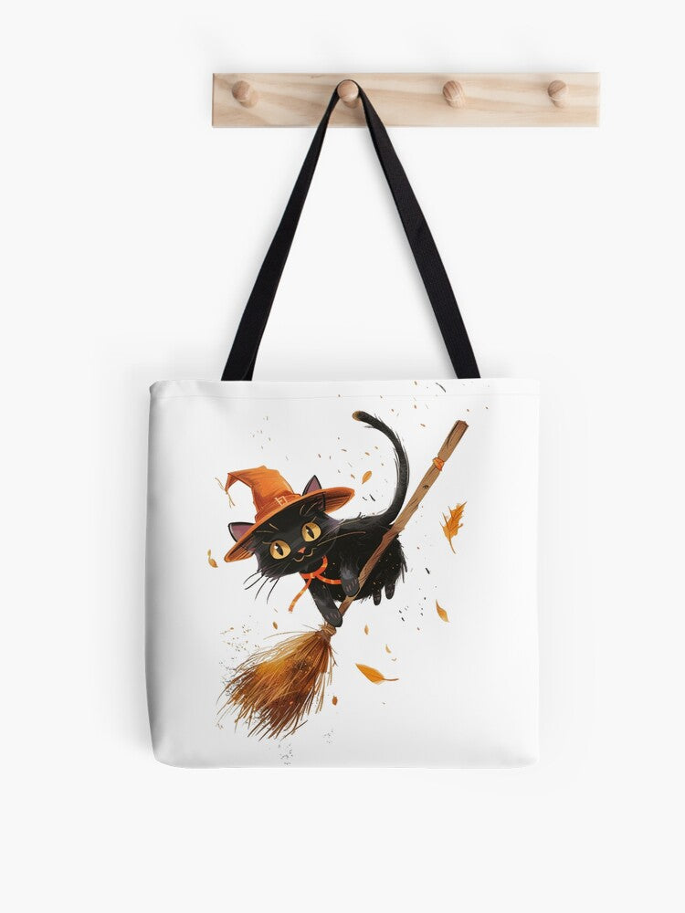 Cute Halloween Black Cat Witch Kitten Flying On Broomstick Illustration Tote Bag | Spooky Halloween Tote Bag | Trendy Reusable Bag