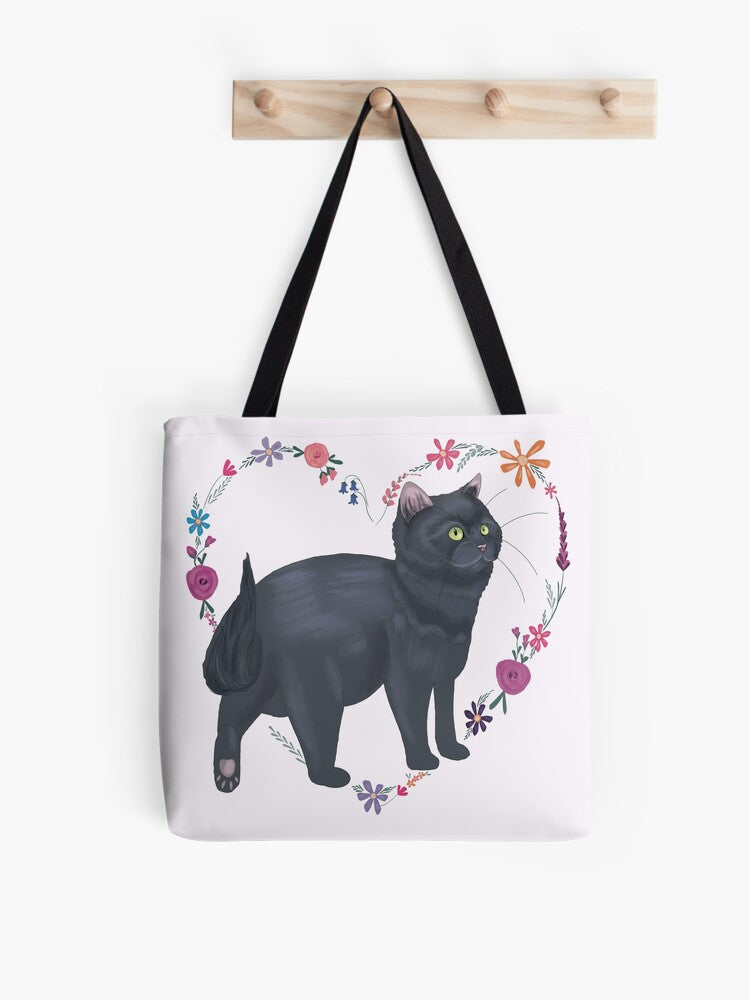 Cat With Flower Heart Tote Bag | Cute Halloween Tote Bag | Reusable Eco Shopping Bag