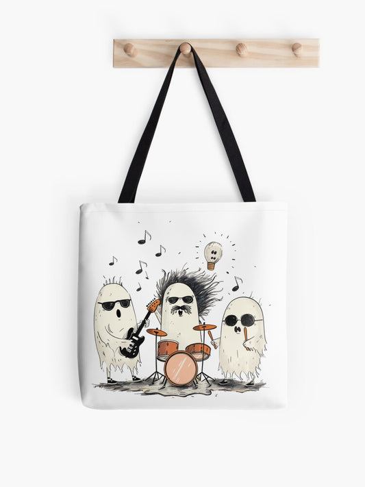 Rock Band Halloween Ghosts Funny Cartoon Spooky Music Trio Illustration Tote Bag | Spooky Halloween Tote Bag | Trendy Reusable Bag