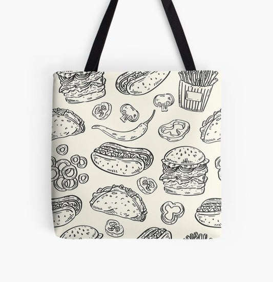 "Hand-Drawn Fast Food Pattern Graphic T-shirt" Tote Bag for Sale by FestivityFinds