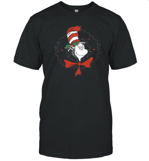 The Cat In The Hat With A Christmas Wreath Teacher T Shirt